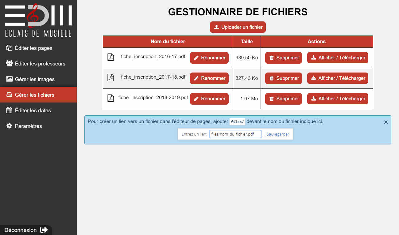 Page de gestion des fichiers