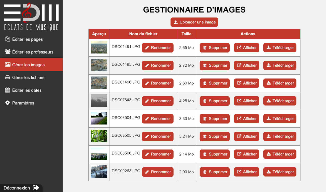 Page de gestion des fichiers images