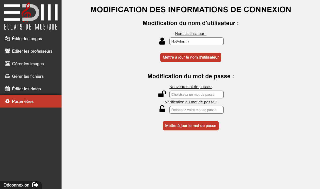 Page de modification des paramètres